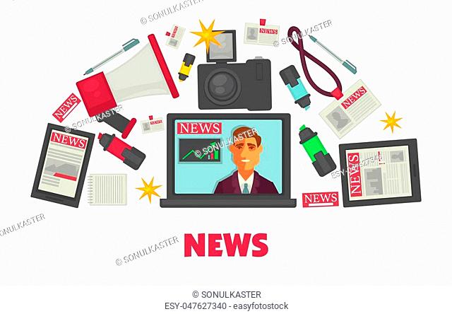 News creation and publication modern equipment set. Open laptop with video on, camera with bright flash, tablets with web site on screen