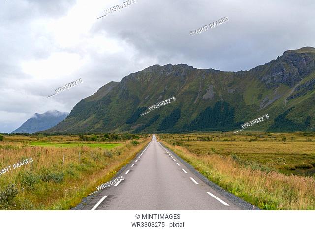 A straight road through the landscape in the Lofoten Islands