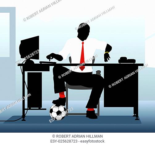 Editable vector illustration of an office worker with a football looking at his watch