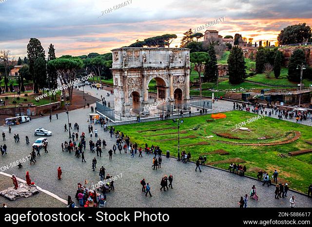 ROME-DECEMBER 29: the Arch of Constantine . This place, near the Coliseum, is visited by more than 12 million people every year