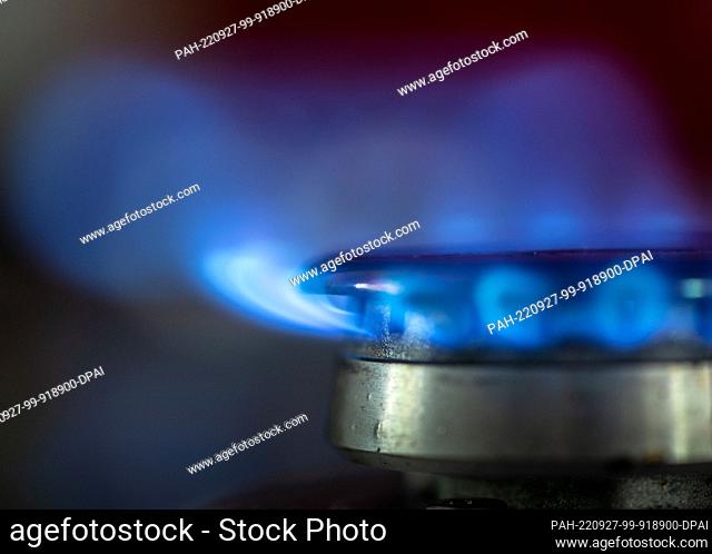 27 September 2022, Hessen, Frankfurt/Main: Gas flames burning on a stove in a kitchen. Photo: Frank Rumpenhorst/dpa. - Frankfurt/Main/Hessen/Germany