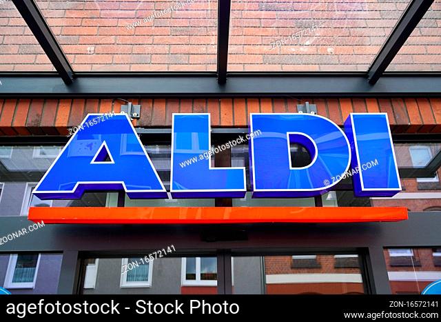 Hannover, Germany - March 1, 2020: Aldi Nord logo sign at local branch of german discount supermarket chain