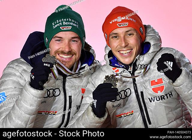 from right: Eric FRENZEL (GER), Fabian RIESSLE (GER) with medals, bronze medals, award ceremony. Nordic Combined Team Sprint LH / 2x 7