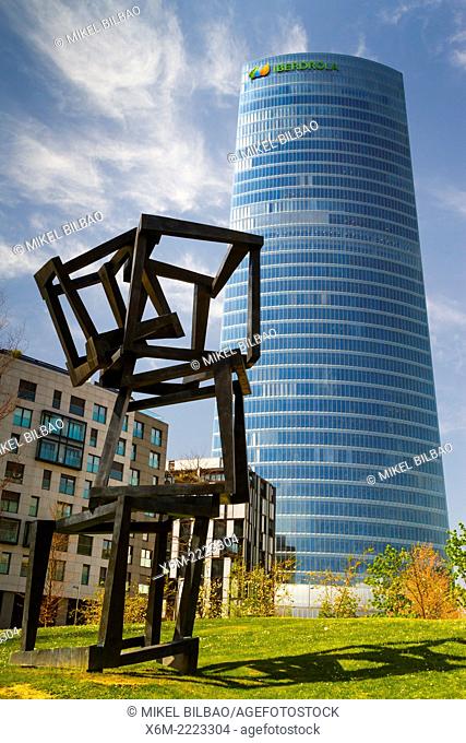 Iberdrola Tower and ""Chaos Nervion"" sculpture. Bilbao, Biscay, Basque Country, Spain, Europe