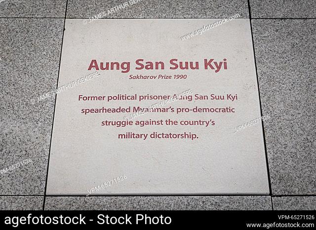 Illustration shows The Sacharov Walk of Freedom in specific the Aung San Suu Kyi tile located in what is known as the 'European Quarter' in Brussels, Belgium