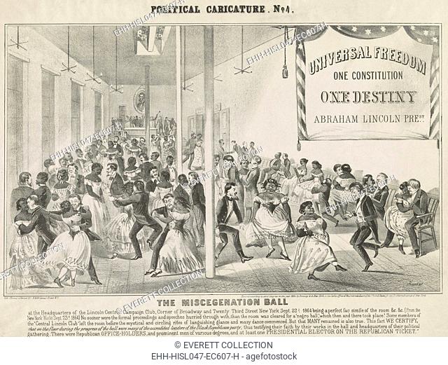 Racist Civil War political cartoon depicts white men dancing and flirting with black women, 1864. THE MISCEGENATION BALL
