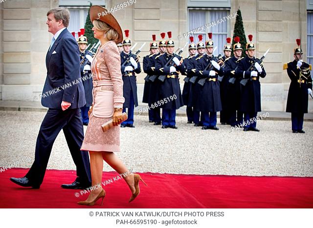 President Francois Hollande welcomes King Willem-Alexander and Queen Maxima of The Netherlands at the Elysee Palace in Paris, France, 10 March 2016
