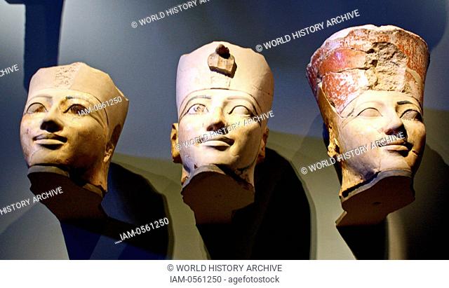 Three Heads from Osiride Statues, originally positioned in the Upper Court Niches. Dynasty 18, joint reign of Hatshepsut and Thutmose 111 (ca 1473-1458 B