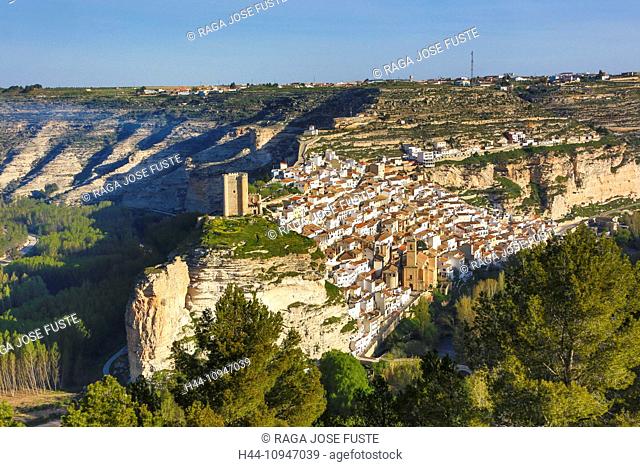 Spain, Europe, Castilla La Mancha, Castile La Mancha, Region, Albacete, Province, Alcala del Jucar, City, architecture, bend, castle, church, colourful, erosion