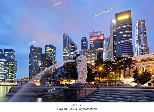 Asia, Singapore, Merlion, Merlion Statue, City Skyline, Cityscape, Skyscrapers, Modern Buildings, Hi-rise, Night View, Night Lights, Illumination, Tourism