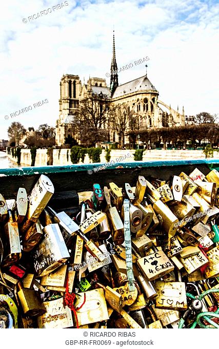 Love padlocks at Pont de l'Archeveche and Notre Dame Cathedral in the background. Paris, France. 02.01.13