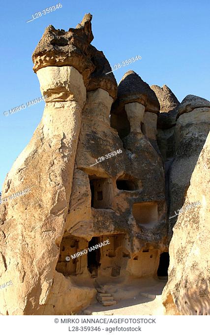 Mushroom like rock formations at Pasabagi. Zelve, Cappadocia. Turkey