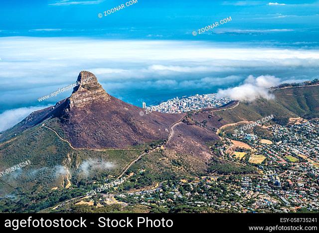 Panoramic view of Cape Town, Lion's Head and Signal Hill from the top of Table Mountain
