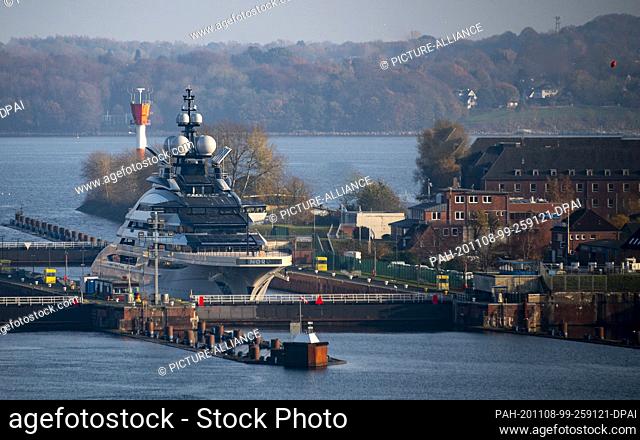 08 November 2020, Schleswig-Holstein, Kiel: The super yacht ""Nord"" is located in the lock Holtenau. The 142-meter-long ship built under the project name...
