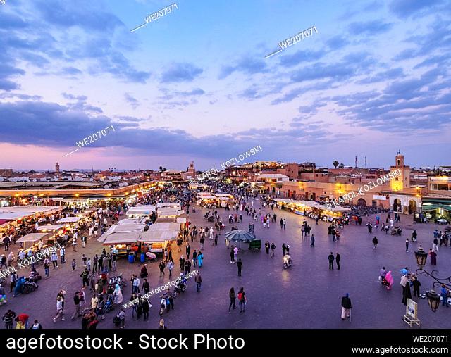 Jemaa el-Fnaa or Jemaa el-Fna at dusk, square and market in the Old Medina, Marrakesh, Marrakesh-Safi Region, Morocco
