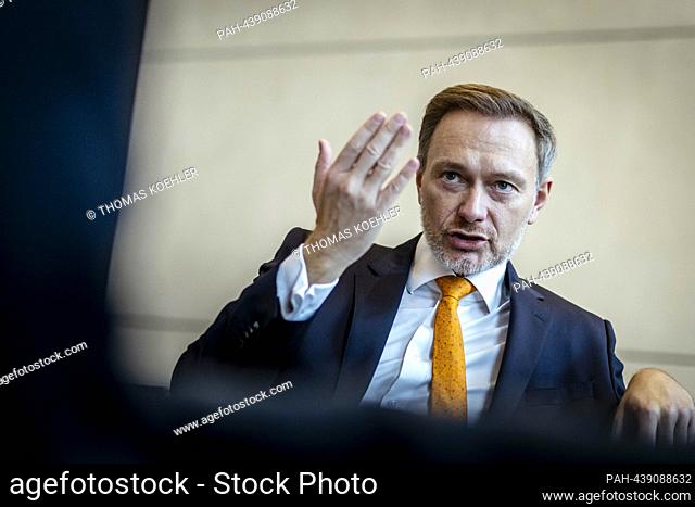 Christian Lindner (FDP), Federal Minister of Finance, recorded during an interview in the Reichstag restaurant. - Berlin/Deutschland