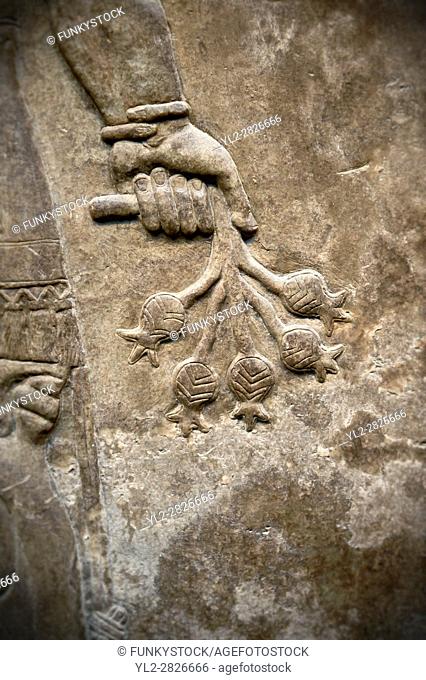 Assyrian relief sculpture panel of a protective spirit holdingpomegrantes from Nimrud, Iraq. 865-860 B. C North West Palace, Room Z