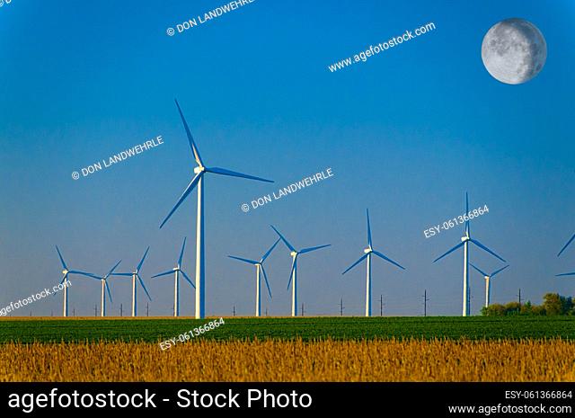Large wind turbine farm against a blue sky at sunset, Dexter, Minnesota, USA