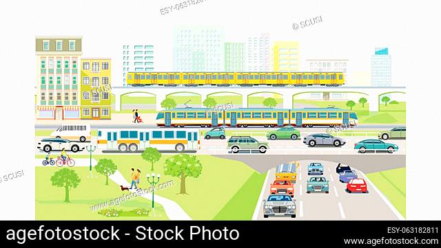 Main street with tram and road traffic and in front of buildings, illustration