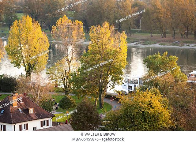 Germany, Baden-Wurttemburg, Black Forest, Breisach, elevated view towards the Rhein River, autumn