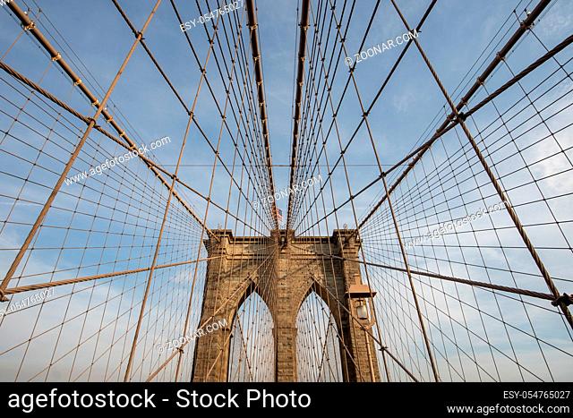 Architecture of Brooklyn bridge over east river in Brooklyn New York city NYC USA