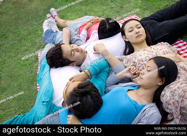 Five friends sleeping and resting on each other during a picnic in the park