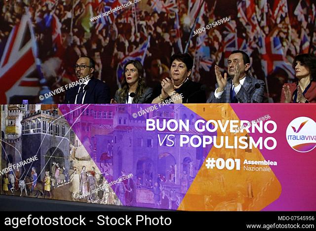 Italian politicians Davide Faraone, Maria Elena Boschi, Teresa Bellanova, Ettore Rosato and Elena Bonetti during the National Assembly of Italia Viva at...