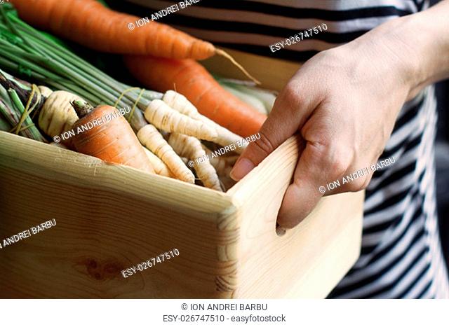 Close up of awoman holding a large wooden crate full of raw, freshly harvested vegetables