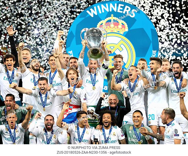 May 26, 2018 - Kiev, Ukraine - Sergio Ramos of Real Madrid lifts the trophy during the UEFA Champions League final between Real Madrid and Liverpool on May 26
