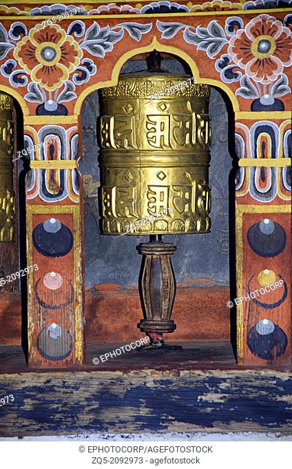 Prayer wheels located inside the Royal Palace known as Dechencholing Palace. Thimphu. Bhutan
