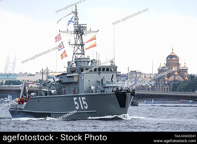 RUSSIA, ST PETERSBURG - JULY 14, 2023: The BT-116 Pavel Khenov minesweeper takes part in a rehearsal of the Main Naval Parade planned to be held on Navy Day...