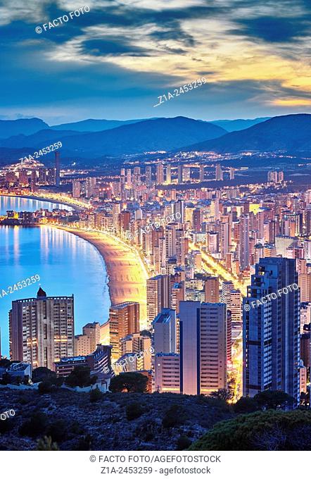 Aerial view of the east beach and the skyline by sunset. Benidorm. Alicante. Valencia Community. Spain