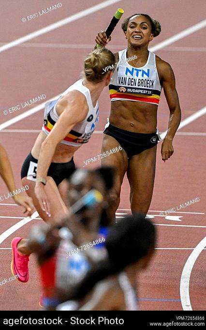 Belgian Imke Vervaet and Belgian Naomi Van den Broeck pictured in action during the 4x400m Women Relay heats at the World Athletics Championships in Budapest