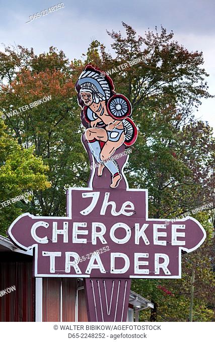 USA, North Carolina, Cherokee, Cherokee Indian Reservation, Native American-themed motel sign, The Cherokee Trader Motel
