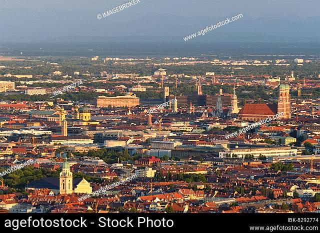 Aerial view of Munich center from Olympiaturm (Olympic Tower) on sunset. Munich, Bavaria, Germany, Europe