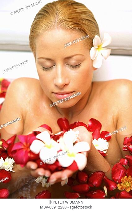 woman, young, bath, bloom, relaxing, relaxing , recovering, enjoying, portrait