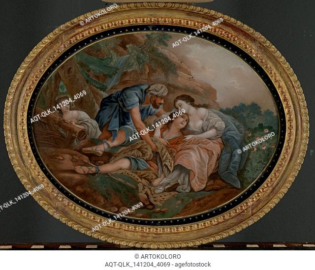 Two gallant performances, anonymous, ca. 1795, glass painting, scene from the play L'Aminta of Torquato Tasso: Aminte dans les bras de Sivie