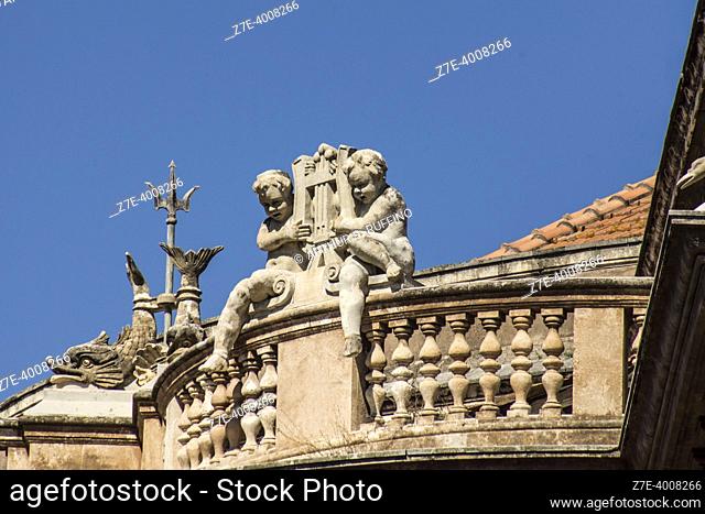 Sculptural group. Detail of Bellini Theater (Teatro Bellini). Telephoto. Metropolitan City of Catania, Sicily, Italy