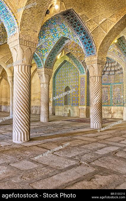Shabestan pillars in the prayer hall, Vakil Mosque, Shiraz, Fars Province, Iran, Asia