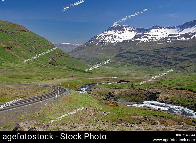 Pass road, rapids and high mountains, Seydisfjördur, Iceland, Europe