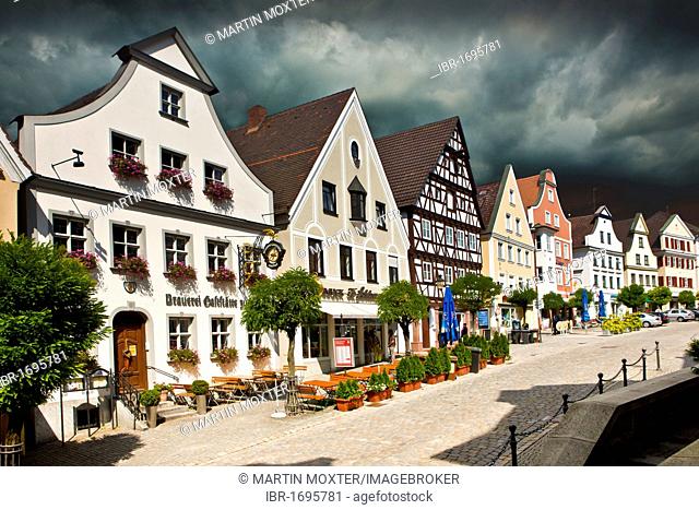 Approaching storm over the market place, Guenzburg, Donauried, Swabia, Bavaria, Germany, Europe
