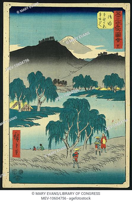 Goyu. Print shows a bird's-eye view of pilgrims at the 36th station on the Tokaido Road passing a lake with two children fishing, and in the distance