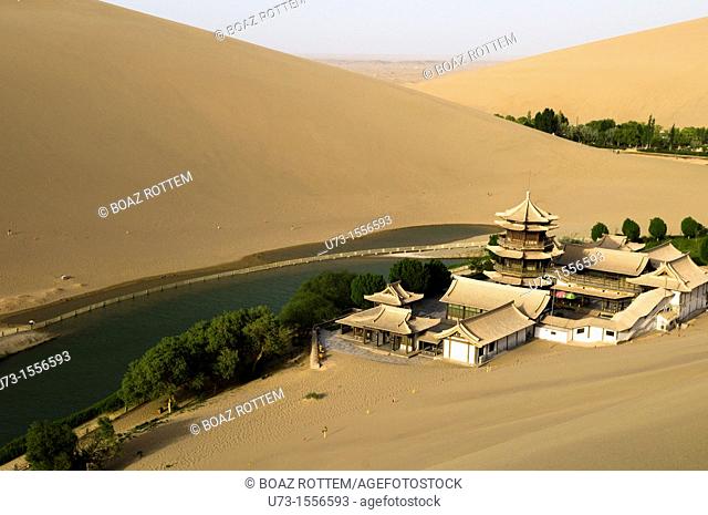The picturesque temple by the Mingsha sand dunes in Dunhuang, Gansu, China