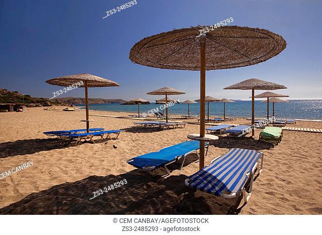 Thatched umbrellas at the sandy Vai beach, Lasithi Region, Crete, Greek Islands, Greece, Europe