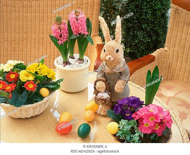 Spring flowers: Primroses and Hyacinths in pot and easter-bunny with easter eggs on table