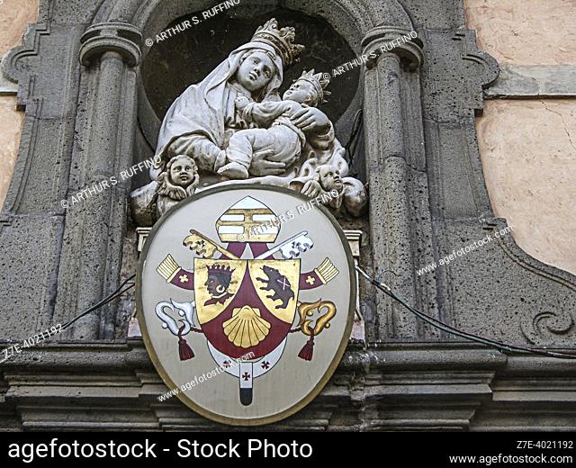 Sculpture of Mary and Child in niche on façade. St. Mary of the Alms Cathedral (Pontificia Basilica Collegiata Maria SS. dell'Elemosina), Main Square