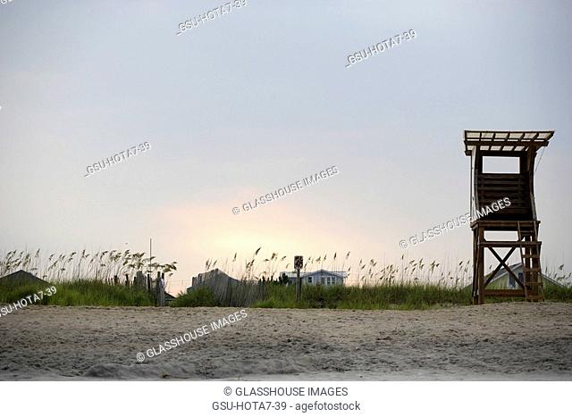 Empty lifeguard hut on beach, Wrightsville Beach, North Carolina, USA