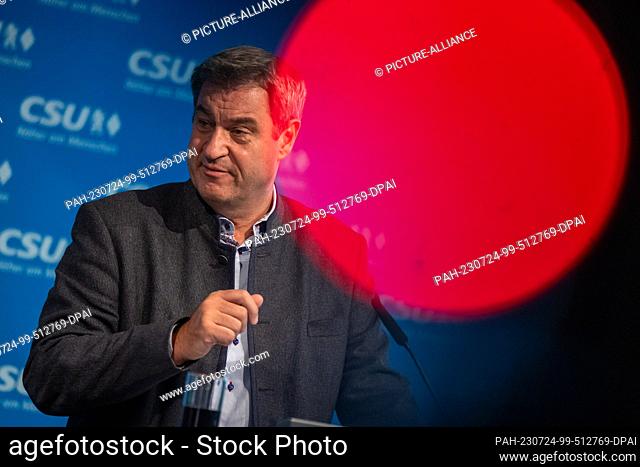 24 July 2023, Bavaria, Munich: Markus Söder, CSU chairman, speaks at a press conference after the CSU executive board meeting