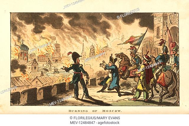Napoleon Bonaparte watching the Fire of Moscow after the Battle of Borodino, 1812. Handcoloured copperplate engraving by George Cruikshank from The Life of...