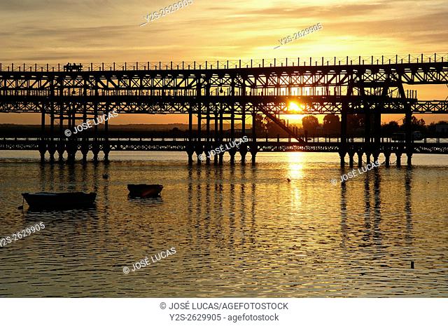 Mineral pier of Riotinto Company in the Odiel river at dusk, Huelva, Region of Andalusia, Spain, Europe
